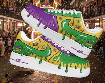 Mardi Gras Drip Air Force 1 Sneakers, Hand-Painted Graffiti AF1