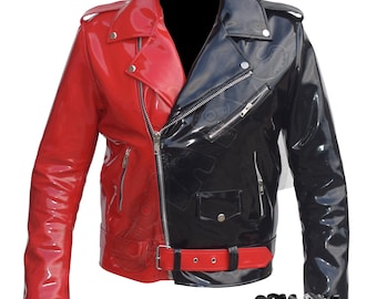 Tweekleurig rood zwart pvc-bikerjack | Glanzend jack in Harley Quinn-stijl | Punkrocksterjack in motorstijl | Joker-cosplayjack met rits