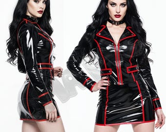 OPIA PVC-set hoogglans shirt met lange mouwen en minirok – rode contrasterende biezen, gotisch vinyl, streetwear, tweedelig alternatief cyberpunkjack