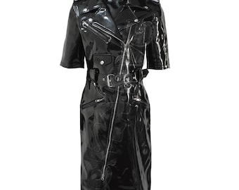 Glanzend zwarte pvc-militaire jas | Trenchcoat van vinyl met wetlook - glanzend jack met lange ritssluiting | Gothpunk feestjurk fetisjkleding dames