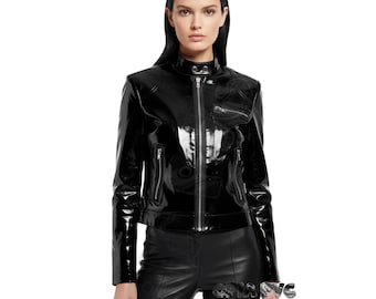 Glanzend zwart pvc-jack - wetlook lange mouw met ritssluiting - slimfit gotische motortop - alternatieve mode - bikerjack met rits