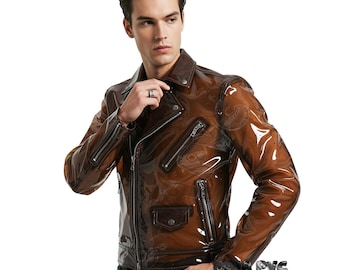 dunkelbraune transparente PVC-Jacke | Glänzende durchsichtige Motorradjacke für Herren | Glänzender Lackleder Biker Style Fetisch Party Club-Wear