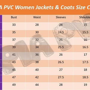K&ouml;nnte beinhalten: Gr&ouml;&szlig;entabelle f&uuml;r OPIA PVC Damenjacken & M&auml;ntel. Die Tabelle, mit orangefarbener &Uuml;berschrift, listet die Gr&ouml;&szlig;en XS bis 5XL mit Ma&szlig;en f&uuml;r Brust, Taille, &Auml;rmel, Schulter und H&uuml;fte in Zoll.