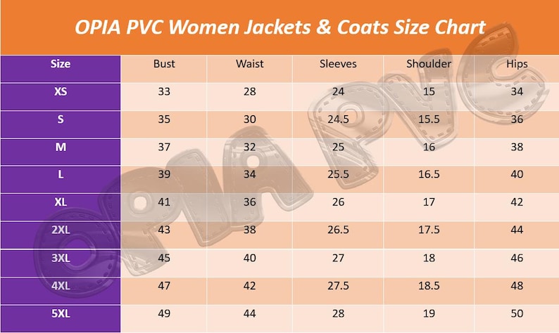 K&ouml;nnte beinhalten: Gr&ouml;&szlig;entabelle f&uuml;r OPIA PVC Damenjacken & M&auml;ntel. Die Tabelle, mit orangefarbener &Uuml;berschrift, listet die Gr&ouml;&szlig;en XS bis 5XL mit Ma&szlig;en f&uuml;r Brust, Taille, &Auml;rmel, Schulter und H&uuml;fte in Zoll.
