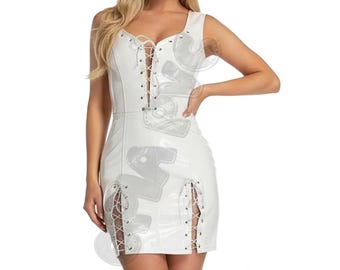 Witte PVC-jurk voor dames | Bodycon mini-jurk met wetlook | Vinyljurk met veters in korsetstijl, verstelbare vetersluiting | Glanzende clubkleding voor feesten (OPIA PVC)