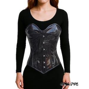 Corset surbuste en PVC noir - Bustier en vinyle brillant avec bonnets - Corset sur buste noir brillant effet mouillé pour femme | Haut gothique désossé en acier robuste