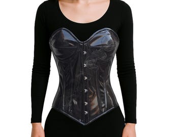 Corsetto overbust in PVC nero - Bustino in vinile lucido con coppe - Corsetto overbust da donna nero lucido effetto bagnato / Top gotico con stecche in acciaio resistente