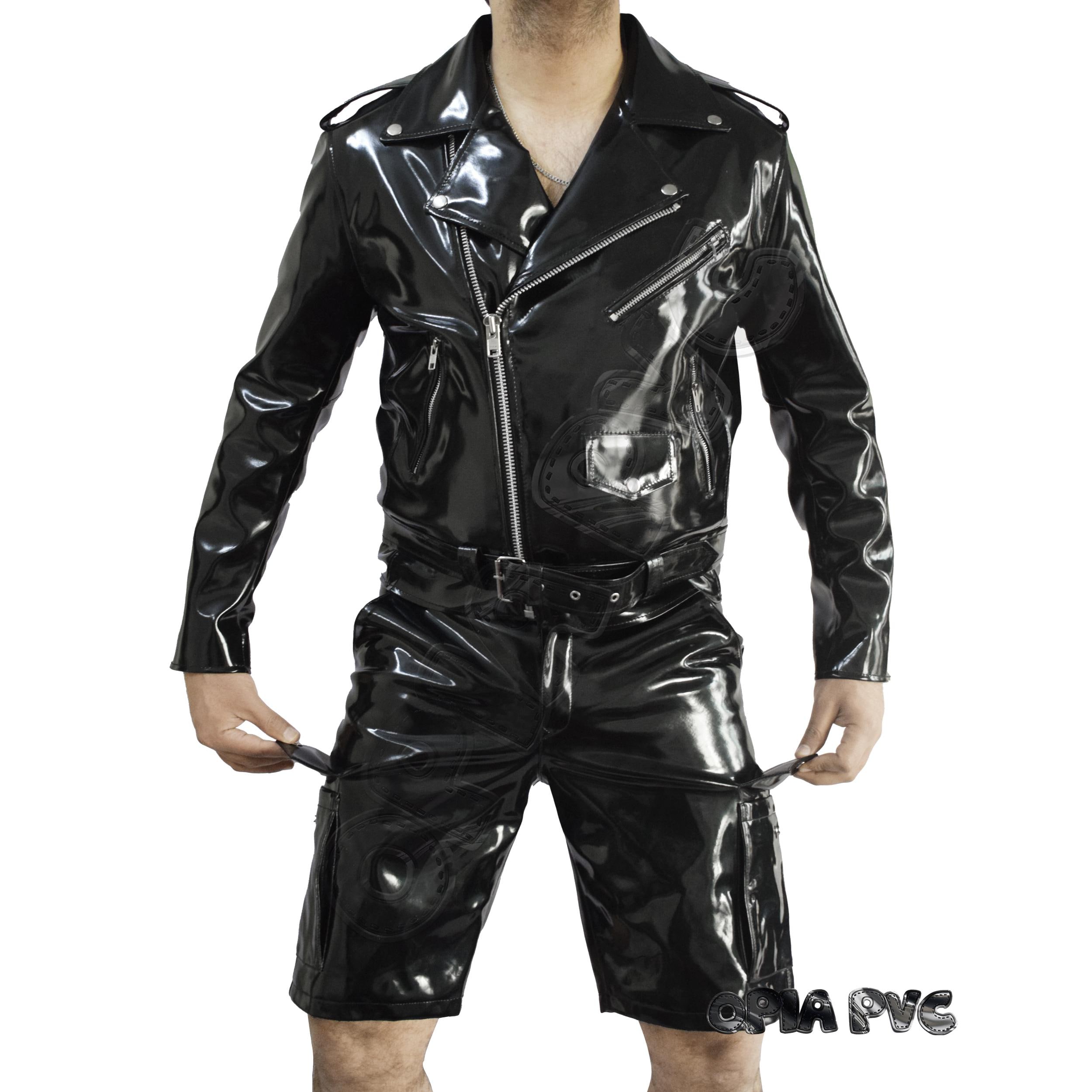 Men's Black Glossy PVC Biker Jacket With Cargo Shorts | Shiny Wet Look ...