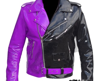 Uniseks tweekleurig paars zwart pvc-bikerjack | Glanzend wetlook motorjack | Gothpunk rocker clubkleding | ALT Fashion-jack met rits
