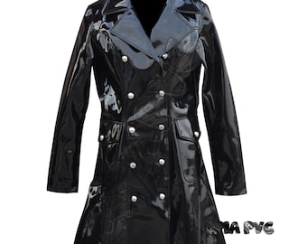 Women’s Double Breasted PVC Trench Coat- Military Style Gothic Shiny Dress - Glossy Black Wet Look Victorian OVERCOAT - Plus Size Jacket
