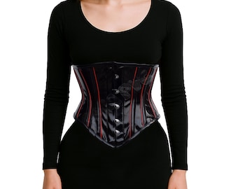 Women's Black PVC Underbust Corset with Red Stripes | Glossy Vinyl Waist Cincher | Gothic Punk WET LOOK Corset - Heavy Duty Steel Boned Top