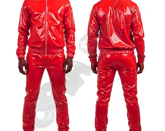 May include: A shiny red tracksuit, featuring a zip-up jacket and matching pants. The jacket has a high collar and elastic cuffs, while the pants have an elastic waistband and cuffs. The outfit is made of a glossy material and is shown from the front and back.