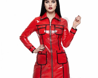 OPIA PVC Red Hot Gothic Mini-jurk – Glanzende wetlook jurk met rits aan de voorkant en zwarte contrasterende rand – 4-pocket industriële vinyl bodycon clubwear