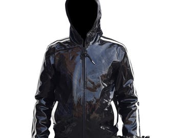 May include: Black hooded jacket with white stripes on the sleeves and shoulders. The jacket has a shiny, glossy finish and a full-length zipper. The cuffs and waistband are black ribbed knit.