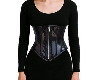PVC-onderborstcorset dames - glanzend zwart vinyl wetlook taillesneaker - veters achteraan ritssluiting aan de voorkant Alt Fashion top | Goth Clubwear-korset