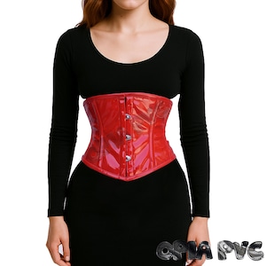 Women&#39;s Glossy Red Underbust Corset - Heavy Duty Steel Boned Waist Trainer - WET Look Shiny Gothic Lace-Up Corset - Alternative Club-wear