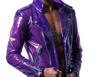 Glanzend paars pvc-jack heren | Transparant wetlook motorjack | Glanzend doorzichtig bikervest | Fetish Rave Cyberpunk Streetwear