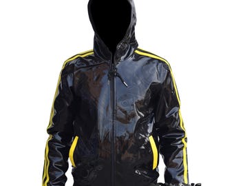 May include: Black hooded jacket with yellow stripes on the sleeves and shoulders. The jacket has a shiny, glossy finish and a zipper closure. The jacket has a ribbed hem and cuffs.