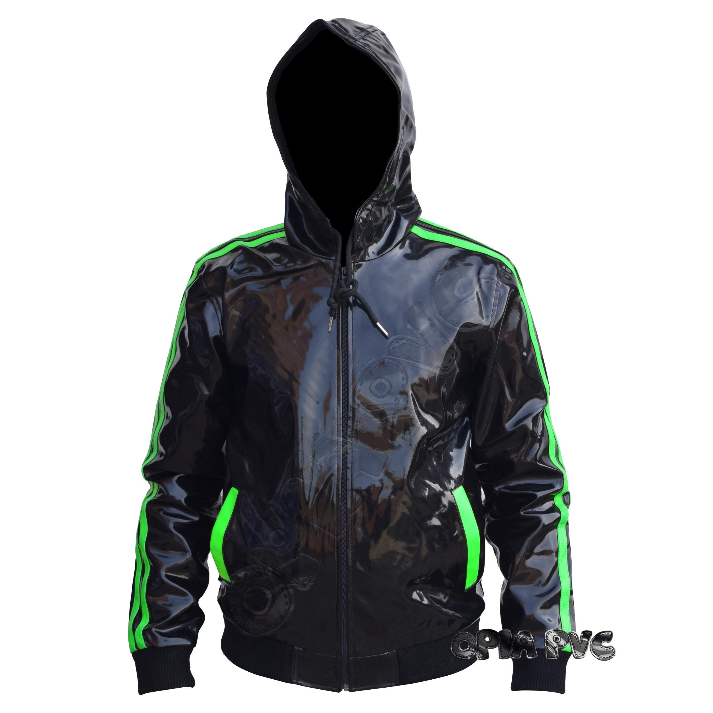 Shiny Black PVC Hoodie Jacket | Glossy Wet Look Unisex with Green Stripes | Street-wear Gothic Cyberpunk Fashion | Rave Festival Club-wear