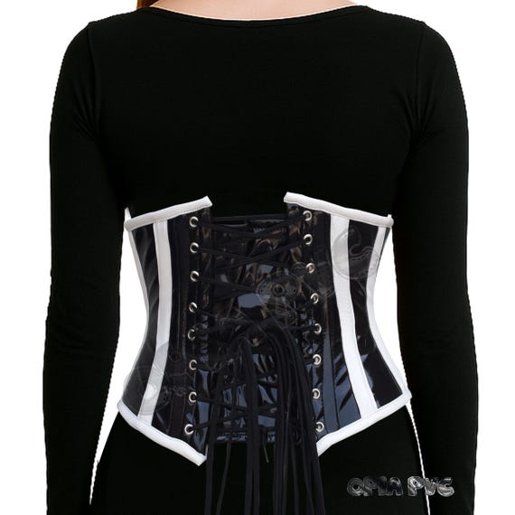 Black White Striped PVC Underbust Corset | Goth Punk  display picture 1