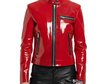 Glanzend rood pvc-jack heren - wetlook motor met ritssluiting - slim fit gothic wear - alternatieve mode-jas voor heren - glanzend bikerjack