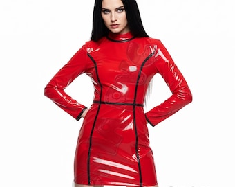 OPIA PVC Red Hot Gothic Mini-jurk – Glanzende wetlook hoogglanzende bodycon, bandkraag Alternatieve streetwear feestjurk, zwarte contrasterende rand