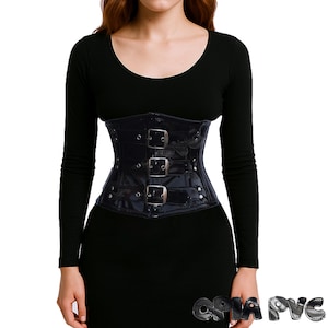 Opia Shine PVC Corset - Glossy Black Vinyl Gothic Corset Women - Heavy Duty Steel Boned Waist Trainer - Buckle Straps Hourglass Shiny Corset