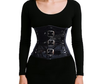 Opia Shine PVC Corset - Glossy Black Vinyl Gothic Corset Women - Heavy Duty Steel Boned Waist Trainer - Buckle Straps Hourglass Shiny Corset