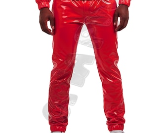 RED HOT Shiny Pvc Trousers | WET Look Glossy Red Vinyl Track Pants | Opia-Pvc Alternative Fashion Bottoms For Men | Rave Clubwear