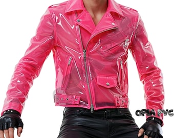 Glanzend roze transparant pvc-jack heren | Wetlook motorjack | Glanzend doorzichtig bikerjack | Party Rave Cyberpunk Streetwear