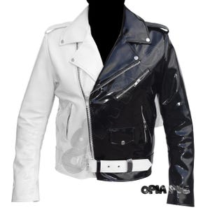May include: A two-tone, black and white motorcycle jacket. The jacket is split vertically, with the left side in glossy white and the right side in glossy black. It features a zip closure, multiple pockets, and a white belt.