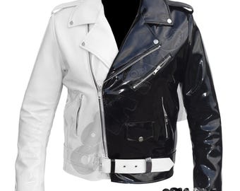Glanzend pvc-bikerjack van Split Personality - glanzend vinyl alternatief Goth Fashion | Tweekleurig statementjack punkrocker WET Look