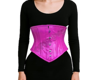 Shiny Pink PVC Underbust Corset - Glossy Pink Vinyl Waist Cincher - Cotton Lined Heavy Duty Steel Boned Women's WET LOOK Pink Corset