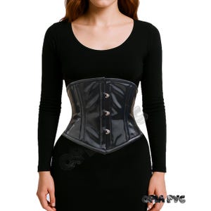 Womens Black PVC Underbust Corset | Shiny Black VINYL Wet Look Waist Trainer - Heavy Duty Steel Boned Gothic Corset | Alternative Fetish Top