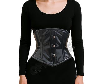 Womens Black PVC Underbust Corset | Shiny Black VINYL Wet Look Waist Trainer - Heavy Duty Steel Boned Gothic Corset | Alternative Fetish Top