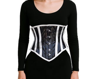 Schwarz Weiß Gestreiftes PVC Unterbrust Korsett | Gothic Punk Steampunk Taillengürtel - Vinyl Taillentrainer - Alternative Mode Frauen Korsett