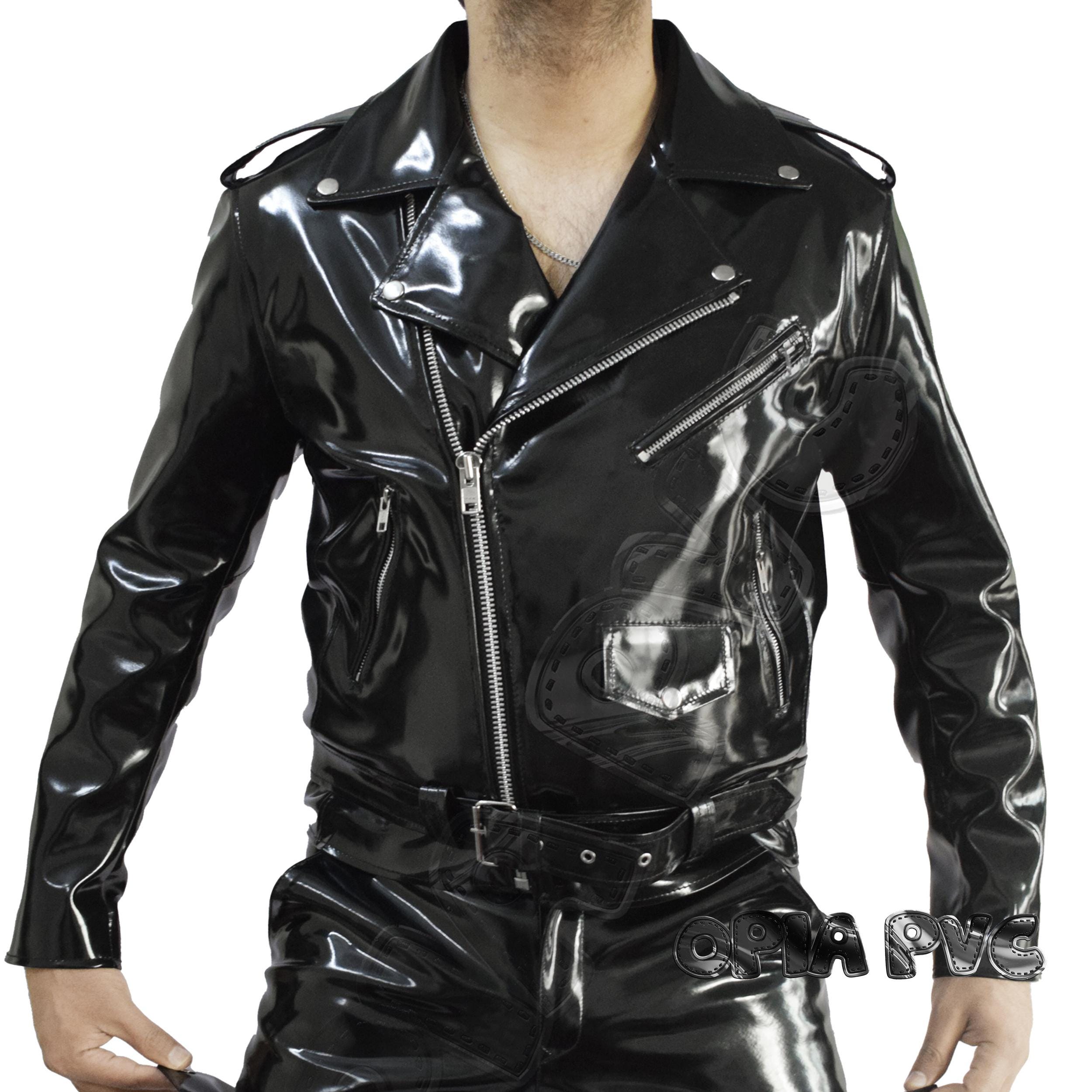 Blouson Moto PVC Noir Brillant – Gothique, Fait Main, Tailles XS à 5XL