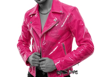 Glossy Pink PVC Motorcycle Jacket – Men’s Wet Look Punk Rock Biker Jacket – Shiny VINYL Pvc EMO Goth Rave Party Wear - Alternative Fashion