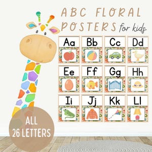 26 carteles digitales con letras del alfabeto floral Abc, decoración de pared para habitación infantil, letras del alfabeto vintage florales para niños, letras para principiantes.