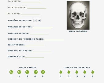 May include: A printable Daily Headache & Migraine Tracker with sections for date, pain level, location, and type. Includes a skull illustration and mood/stress trackers. The text reads "Daily Headache & Migraine Tracker".