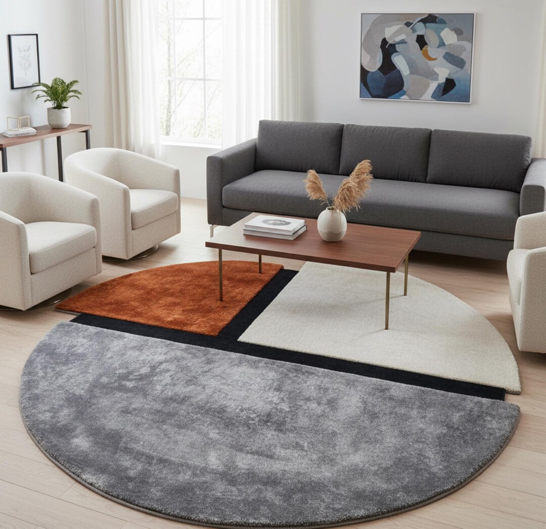 Rugs for Living Room, Modern Round Color Block Rug, Rust, Gray & Cream ...