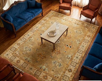 Alfombra Oushak color mostaza, tamaño personalizado, estilo bohemio, para el suelo del dormitorio.