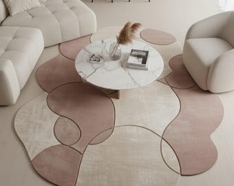 Alfombra de lana tejida a mano, color rosa rubor orgánico, decoración contemporánea irregular