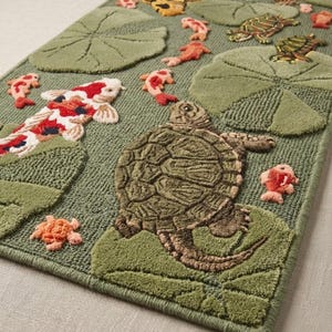 Koi fish rug, sea turtle runner carpet, green lily pad rug, coastal tropical room decor, custom handmade tufted wool