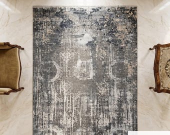 Alfombra abstracta moderna de tamaño personalizado, azul grisácea, tejida a mano, estilo industrial para interiores.