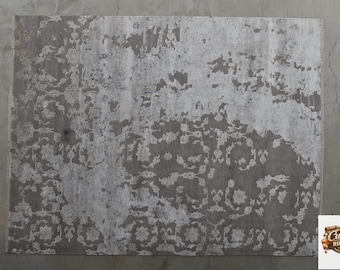 Alfombra de lana anudada a mano: diseño Oushak desgastado, gris neutro/plateado, 8x10