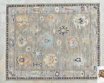 Alfombra turca vintage de lana Oushak, alfombra bohemia floral beige y azul.