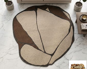 Alfombra de forma orgánica, moqueta con mechones en tonos tierra, estampado abstracto de piedra, decoración en tonos beige y marrón neutros.