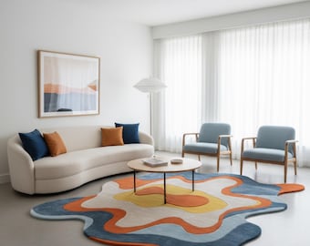 Alfombra artesanal de forma irregular, alfombra ondulada orgánica con mechones, alfombra moderna para sala de estar