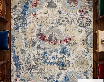 Centro de mesa de interior con gran motivo floral, alfombra turca hecha a mano.